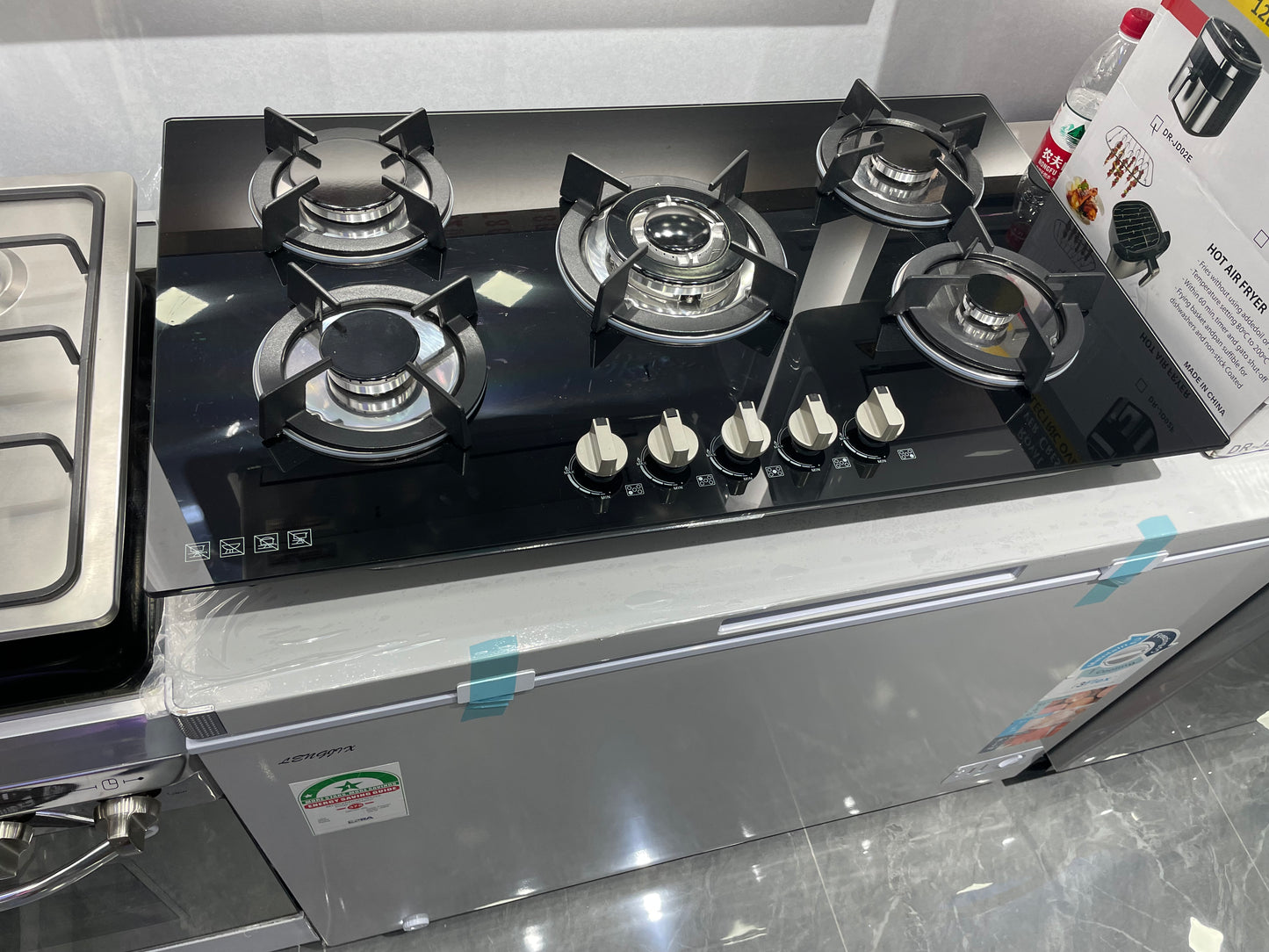 Built-In Gas Stove Cooktop with 5 Burners in Black Tempered Glass