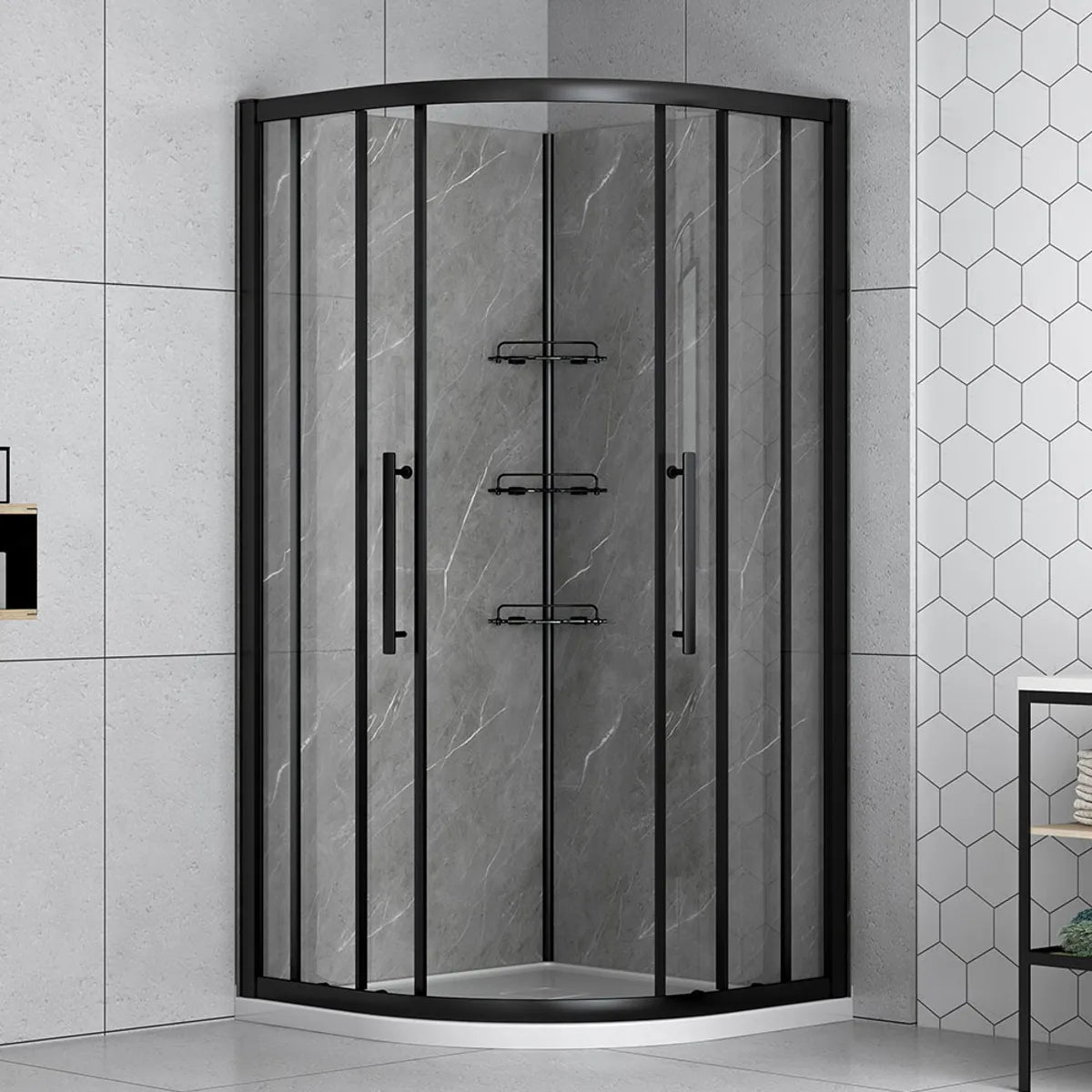 36" x 36" Round shower kit with matte black door, marble effect walls, base and glass shelves