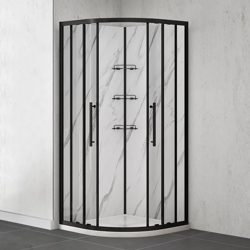 36" x 36" Round shower kit with matte black door, marble effect walls, base and glass shelves