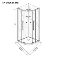 36" x 36" Round shower kit with matte black door, marble effect walls, base and glass shelves