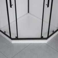 38" x 38" Corner neo shower kit with matte black door, tile effect walls, base and glass shelves