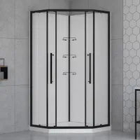 38" x 38" Corner neo shower kit with matte black door, tile effect walls, base and glass shelves