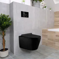 Dual-flush matte black wall toilet with black control plate PARETO