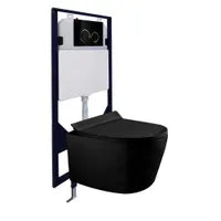 Dual-flush matte black wall toilet with black control plate PARETO