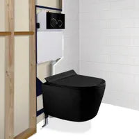Dual-flush matte black wall toilet with black control plate PARETO
