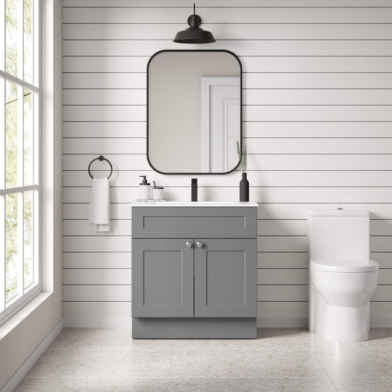 CANVAS Milford Double Door Single Sink Marble Top Bathroom Vanity, Grey, 30-in