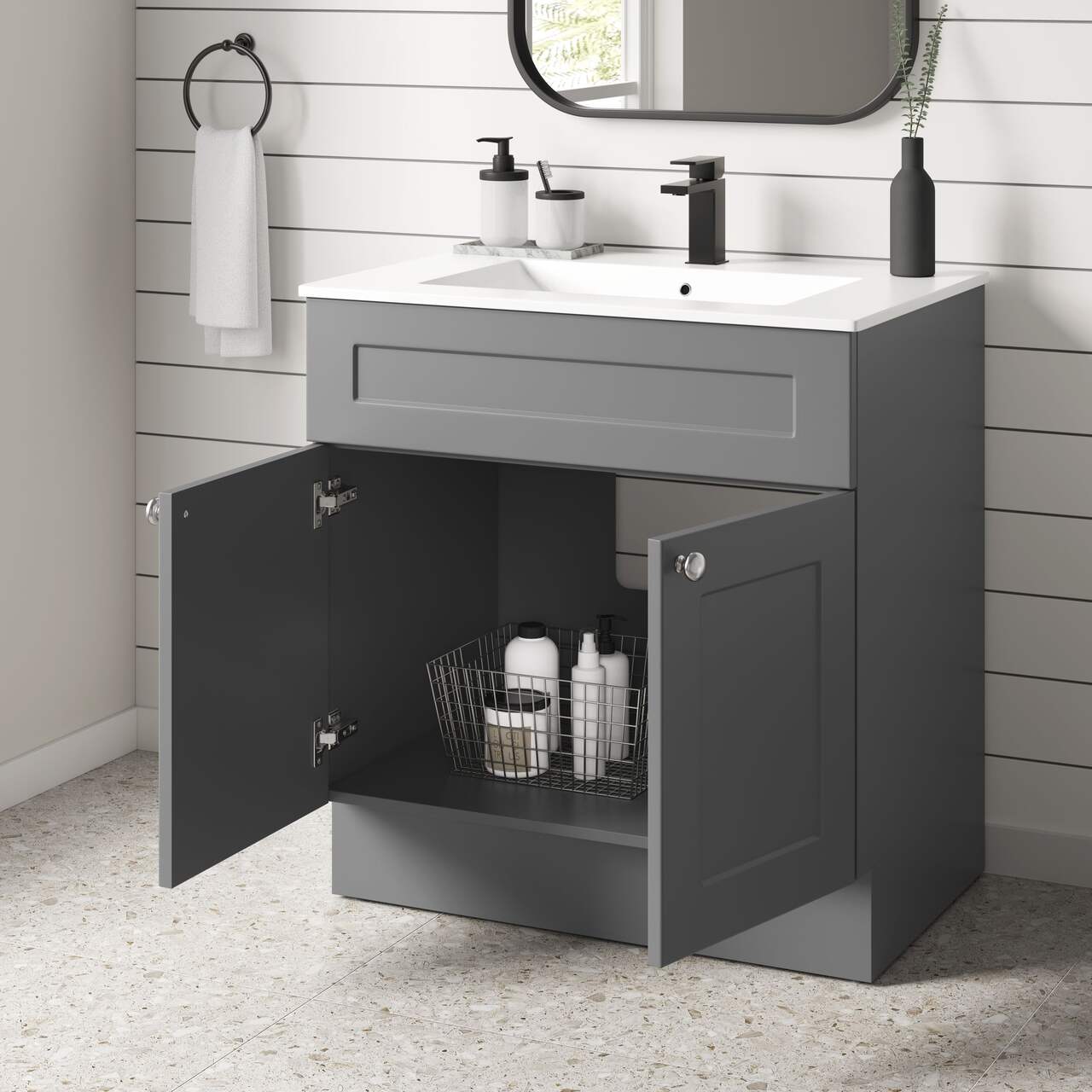 CANVAS Milford Double Door Single Sink Marble Top Bathroom Vanity, Grey, 30-in