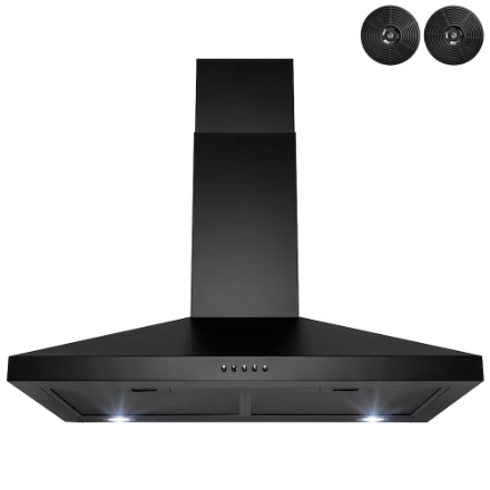 Golden Vantage 30" Wall Mount Range Hood in Black Painted Stainless Steel with Tempered Glass and Carbon Filters