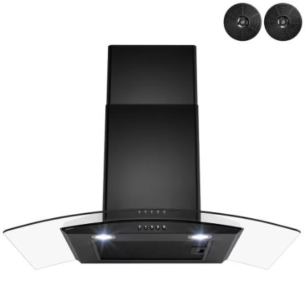 Golden Vantage 30" Wall Mount Range Hood in Black Painted Stainless Steel with Tempered Glass and Carbon Filters
