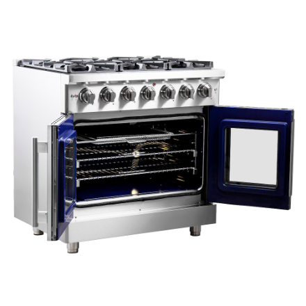 Forno Massimo 36-inch Freestanding French Door Gas Range, Stainless Steel, Wok Ring, Air Fryer & Griddle