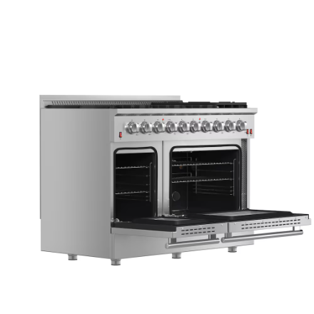 Forno Galiano 48-inch Gas Range Stainless Steel, 8 Burners, 107,000 BTU, Griddle, 6.58 cu.ft. Double Ovens