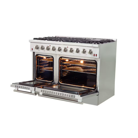 Forno Galiano 48-inch Gas Range Stainless Steel, 8 Burners, 107,000 BTU, Griddle, 6.58 cu.ft. Double Ovens
