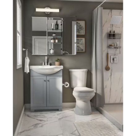 Glacier Bay Clancey 24-inch W x 19.5-inch D x 32-inch H Grey Wood Bathroom Vanity with Round Centre Single Sink Ceramic Top