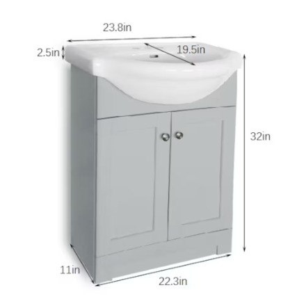 Glacier Bay Clancey 24-inch W x 19.5-inch D x 32-inch H Grey Wood Bathroom Vanity with Round Centre Single Sink Ceramic Top