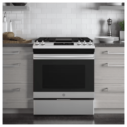 The Home Delight GE 30In Slide-In Gas Range in Stainless Steel