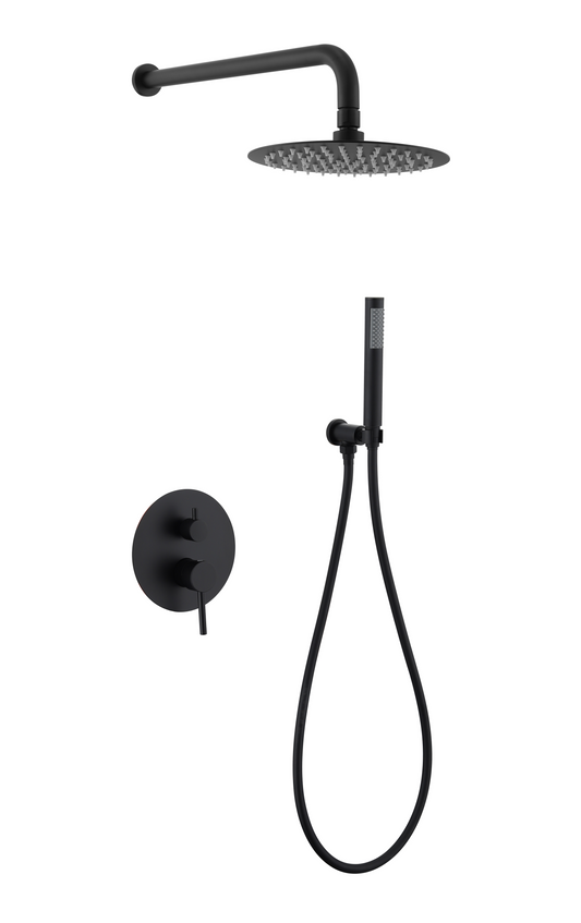 AS005-B Black shower set with rain shower head, wall-mounted control handle, and handheld shower