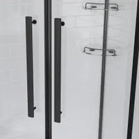 38" x 38" Corner neo shower kit with matte black door, tile effect walls, base and glass shelves