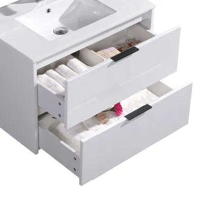 32" Glossy white wall vanity with 2 drawers