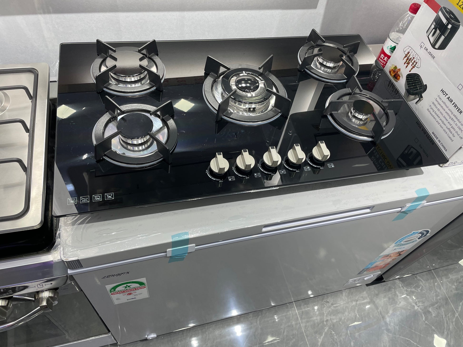 CAAB Home Delight Built-In Gas Stove Cooktop with 5 Burners in Black Tempered Glass