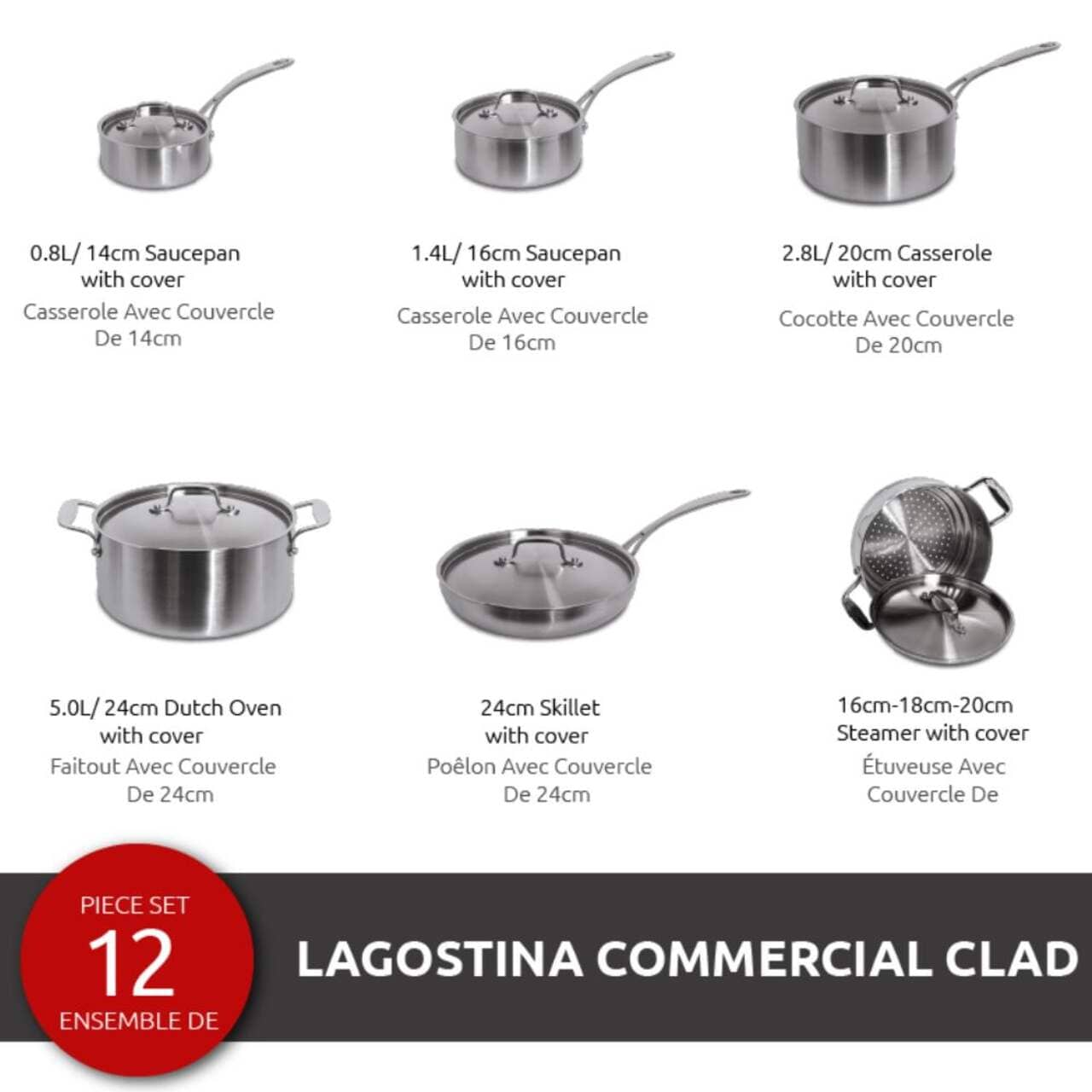 CAAB Home Delight Lagostina 3-Ply Commercial Clad Stainless Steel Cookware Set & Oven Safe, 12-pc