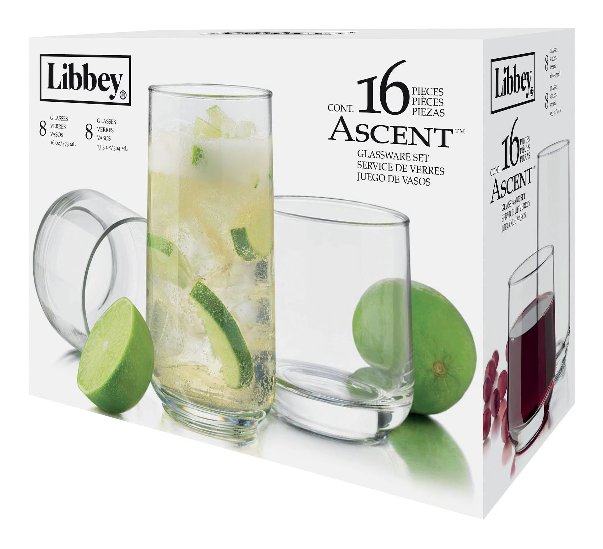CAAB Home Delight Libbey Ascent 16pc Tumbler Glassware Set, Dishwasher Safe, 8pc x 13.3-oz and 8pc x 16-oz