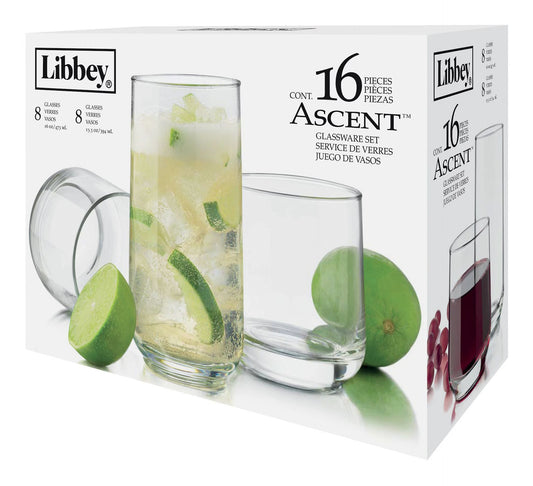 CAAB Home Delight Libbey Ascent 16pc Tumbler Glassware Set, Dishwasher Safe, 8pc x 13.3-oz and 8pc x 16-oz