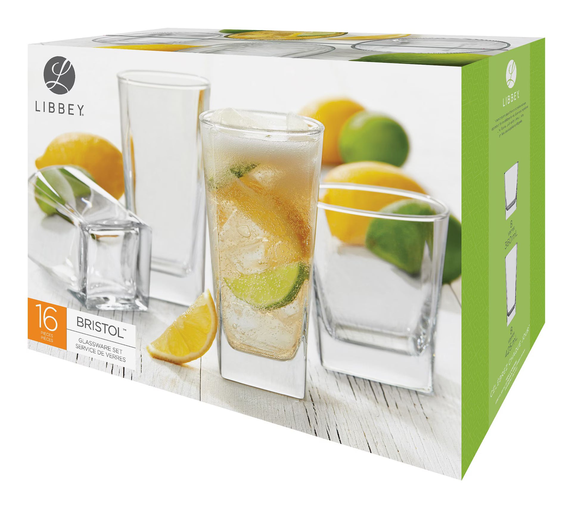 CAAB Home Delight Libbey Bristol 16pc Glassware Set, Dishwasher Safe, 8pc x 12.2-oz and 8pc x 14.4-oz