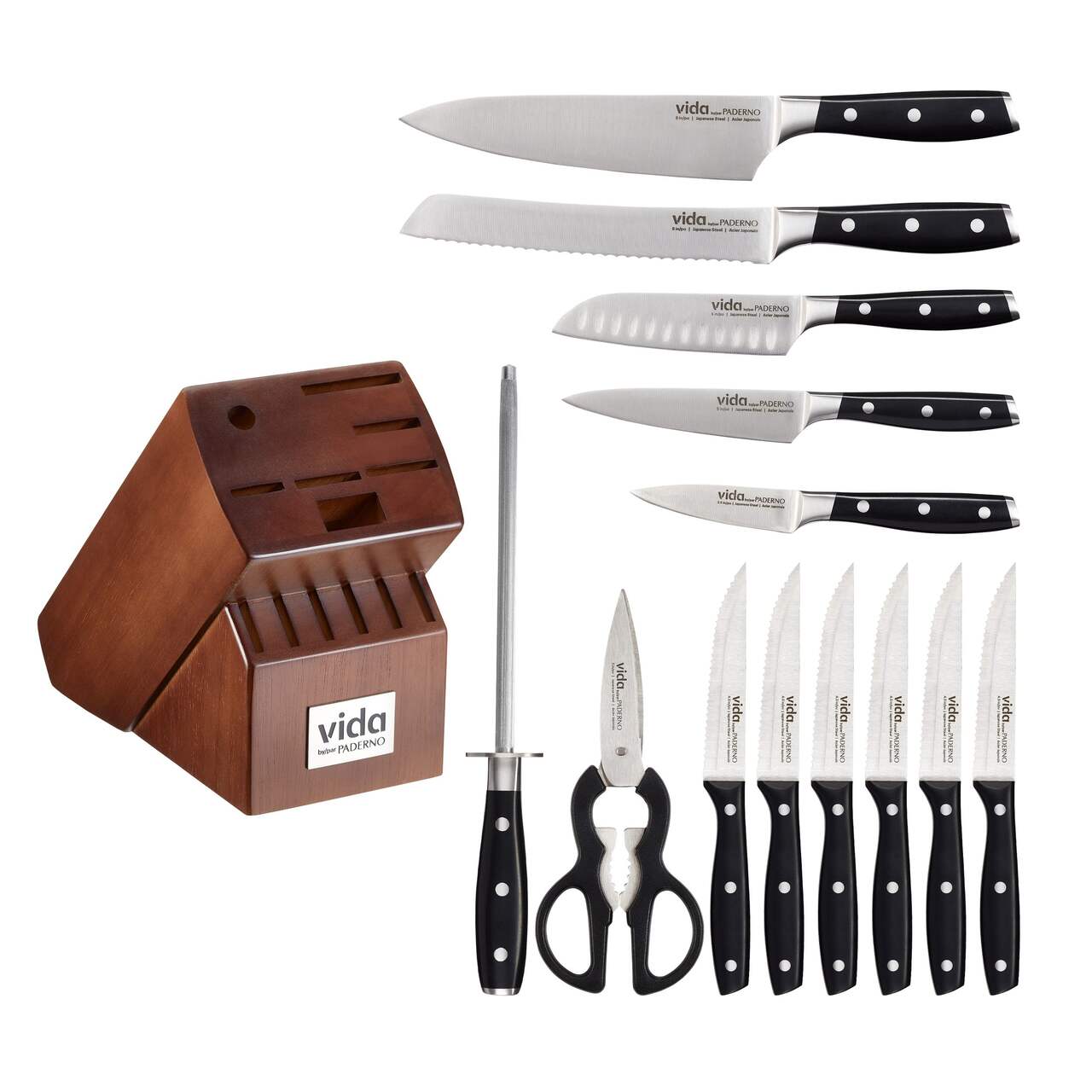 CAAB Home Delight Vida by PADERNO Japanese Steel Knife Block Set, Ergonomic Grip, 14-pc