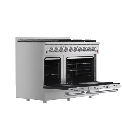 Forno Galiano 48-inch Gas Range Stainless Steel, 8 Burners, 107,000 BTU, Griddle, 6.58 cu.ft. Double Ovens
