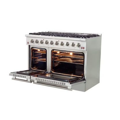 Forno Galiano 48-inch Gas Range Stainless Steel, 8 Burners, 107,000 BTU, Griddle, 6.58 cu.ft. Double Ovens