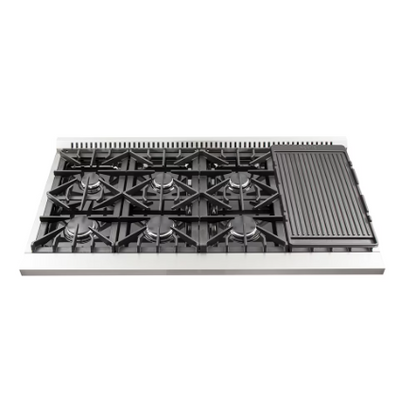 Forno Galiano 48-inch Gas Range Stainless Steel, 8 Burners, 107,000 BTU, Griddle, 6.58 cu.ft. Double Ovens