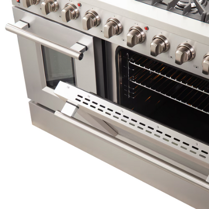 Forno Galiano 48-inch Gas Range Stainless Steel, 8 Burners, 107,000 BTU, Griddle, 6.58 cu.ft. Double Ovens