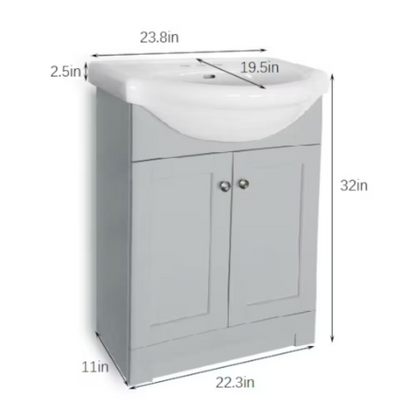 Glacier Bay Clancey 24-inch W x 19.5-inch D x 32-inch H Grey Wood Bathroom Vanity with Round Centre Single Sink Ceramic Top