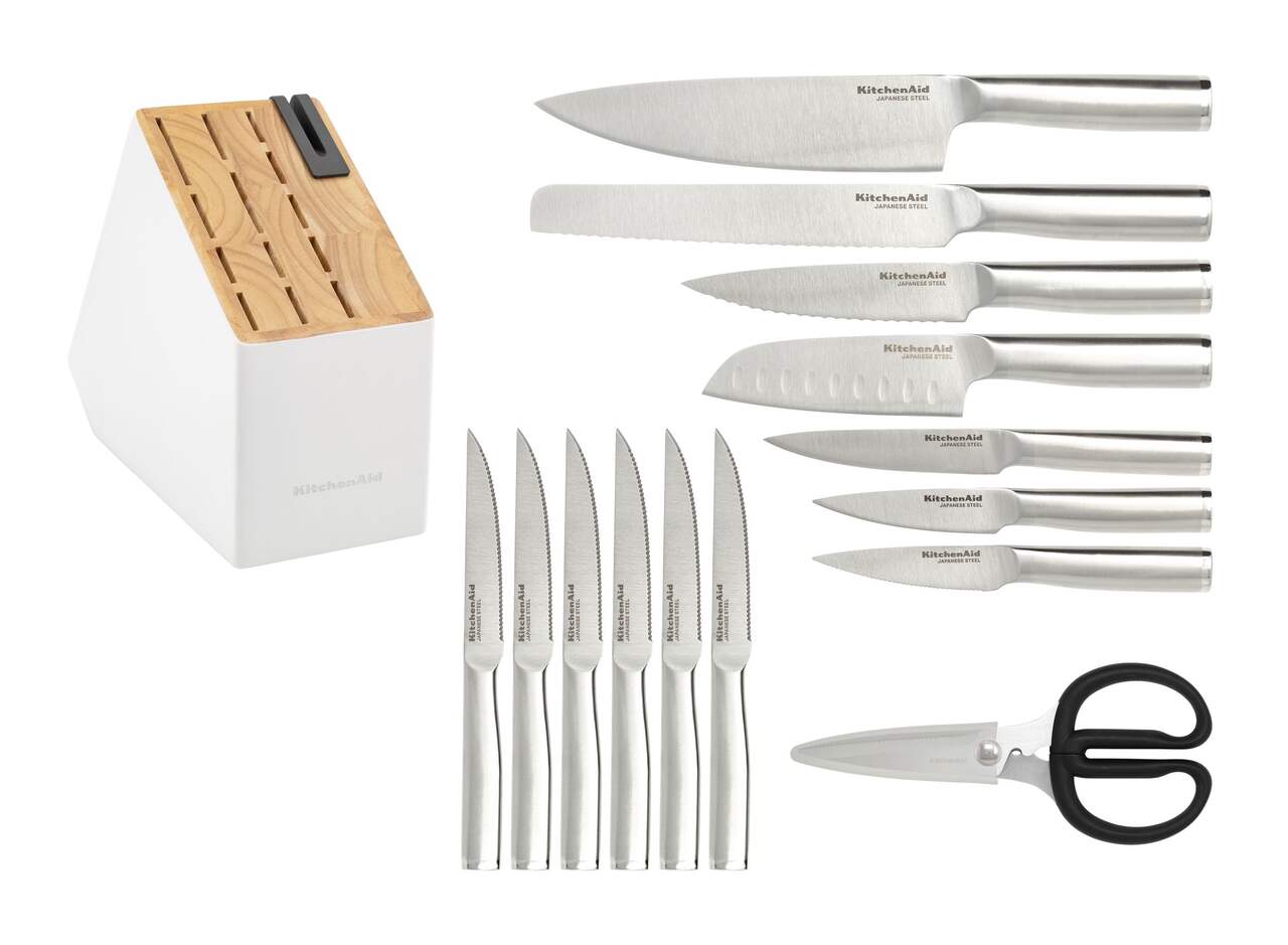 KitchenAid Stainless Knife Block Set, White, 14-pc