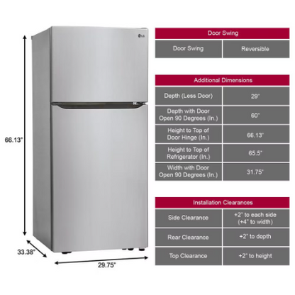 LG Electronics 30-inch W 20 cu. ft. Top Freezer Refrigerator with Multi-Air Flow in Stainless Steel - ENERGY STAR®