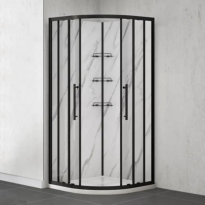 My Store 36" x 36" Round shower kit with matte black door, marble effect walls, base and glass shelves