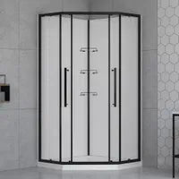 My Store 38" x 38" Corner neo shower kit with matte black door, tile effect walls, base and glass shelves