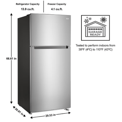 My Store Capacity (cu. ft.) 18 Depth Including Door (In.) 30.9 Height to Top of Door Hinge (In.) 66.6 Counter or Standard Depth Standard Depth Refrigerator Width (in.) 29.5 Vissani 18 Cu. Ft. Top Freezer Refrigerator in Stainless Steel Look - ENERGY STAR®
