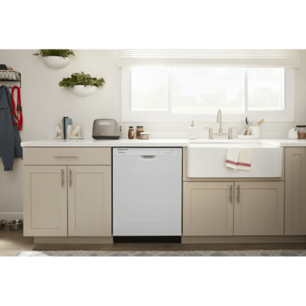 The Home Delight Amana 24-inch Front Control Dishwasher in White with Plastic Tub and Triple Wash System