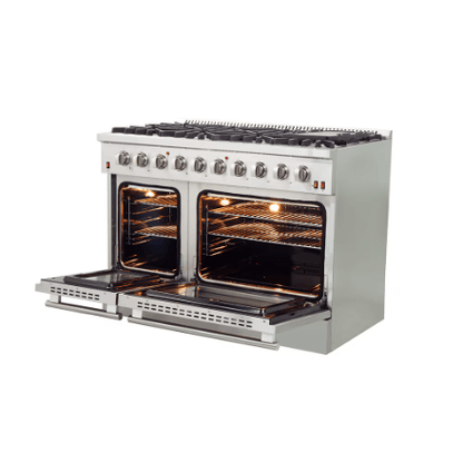 The Home Delight Forno Galiano 48-inch Gas Range Stainless Steel, 8 Burners, 107,000 BTU, Griddle, 6.58 cu.ft. Double Ovens