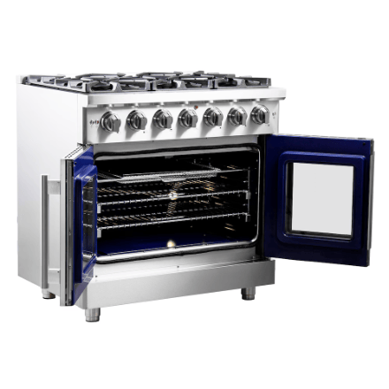 The Home Delight Forno Massimo 36-inch Freestanding French Door Gas Range, Stainless Steel, Wok Ring, Air Fryer & Griddle