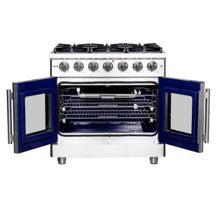 The Home Delight Forno Massimo 36-inch Freestanding French Door Gas Range, Stainless Steel, Wok Ring, Air Fryer & Griddle