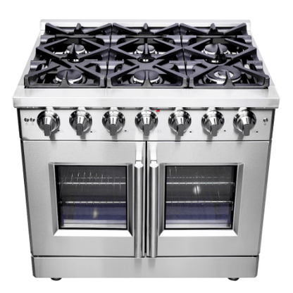 The Home Delight Forno Massimo 36-inch Freestanding French Door Gas Range, Stainless Steel, Wok Ring, Air Fryer & Griddle