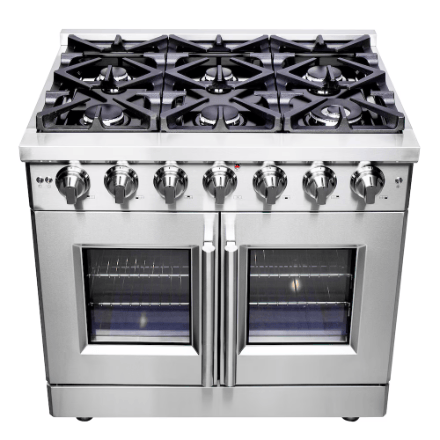 The Home Delight Forno Massimo 36-inch Freestanding French Door Gas Range, Stainless Steel, Wok Ring, Air Fryer & Griddle