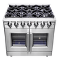 The Home Delight Forno Massimo 36-inch Freestanding French Door Gas Range, Stainless Steel, Wok Ring, Air Fryer & Griddle