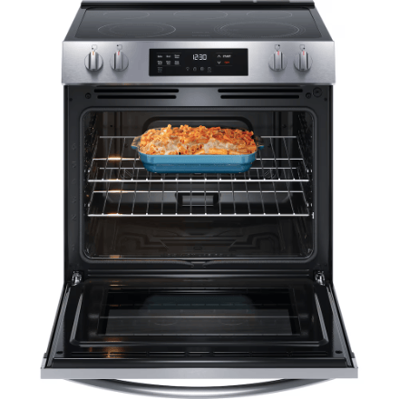The Home Delight Frigidaire 30-inch Slide-In Electric Range with Even Temp Cooktop and Steam Clean in Stainless Steel