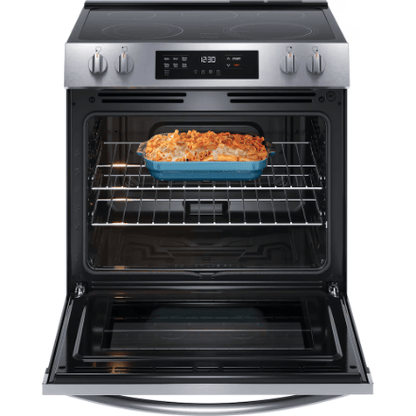 The Home Delight Frigidaire 30-inch Slide-In Electric Range with Even Temp Cooktop and Steam Clean in Stainless Steel