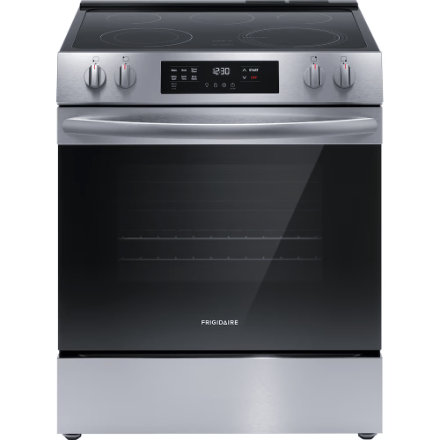 The Home Delight Frigidaire 30-inch Slide-In Electric Range with Even Temp Cooktop and Steam Clean in Stainless Steel