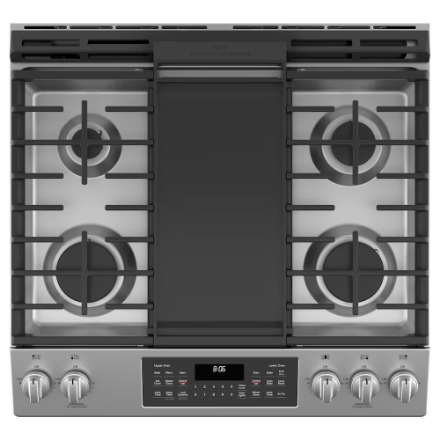 The Home Delight GE 30 -inch Slide-in Gas Range with No Preheat Air Fry Fingerprint Resistant in Stainless Steel