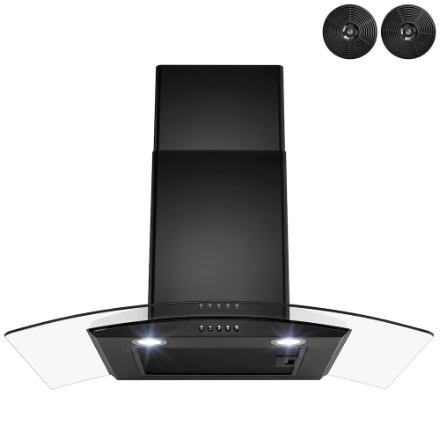 The Home Delight Golden Vantage 30" Wall Mount Range Hood in Black Painted Stainless Steel with Tempered Glass and Carbon Filters